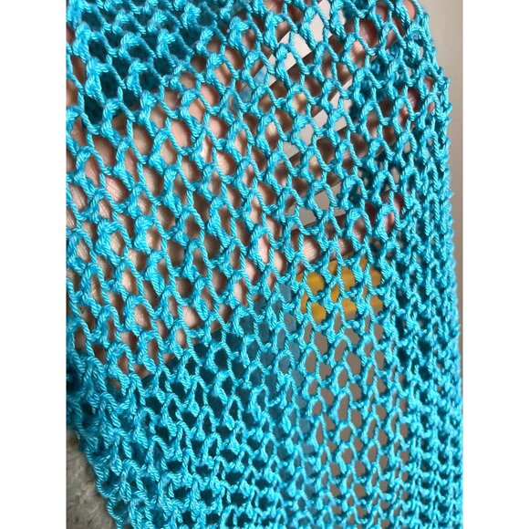 Hand Knitted Scarf Blue Turquoise Open Knit 73" Cotton Spring Bright Womens - Picture 5 of 6